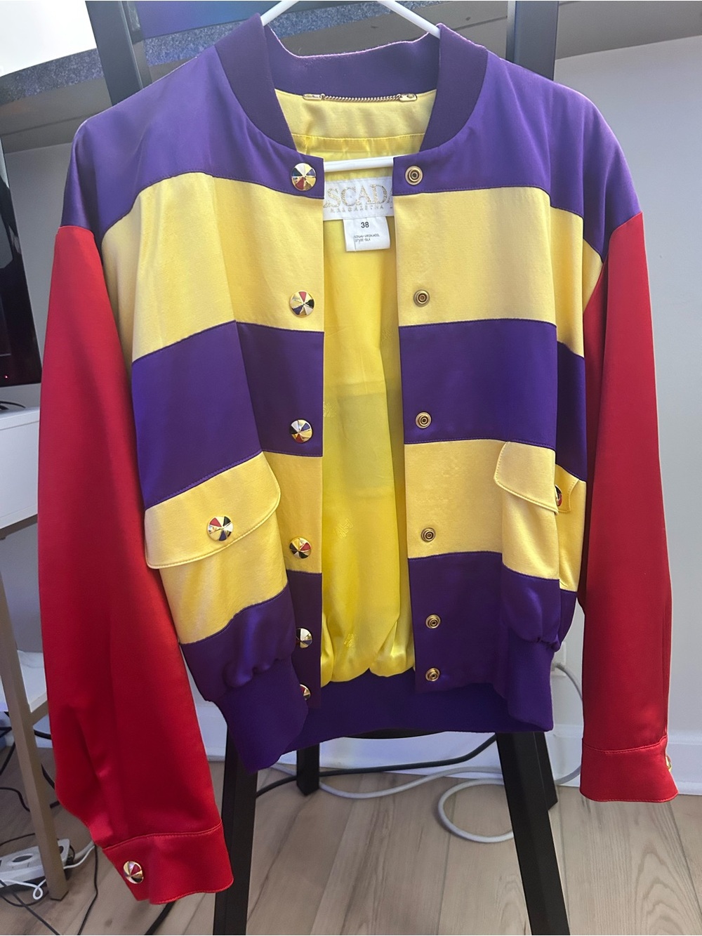 Escada Colorblock Varsity Jacket in Purple, Yellow & Red